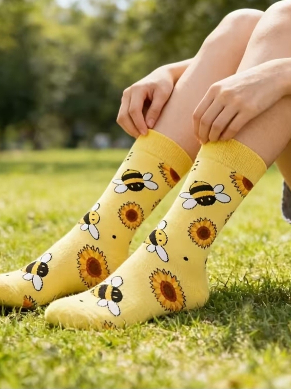 Yellow Bee & Sunflower Crew Socks - Casual Womans Socks